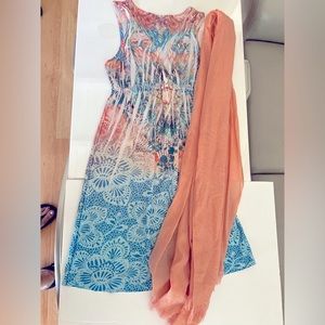 Sweet little sundress with shimmery peach shawl scarf white blue multi